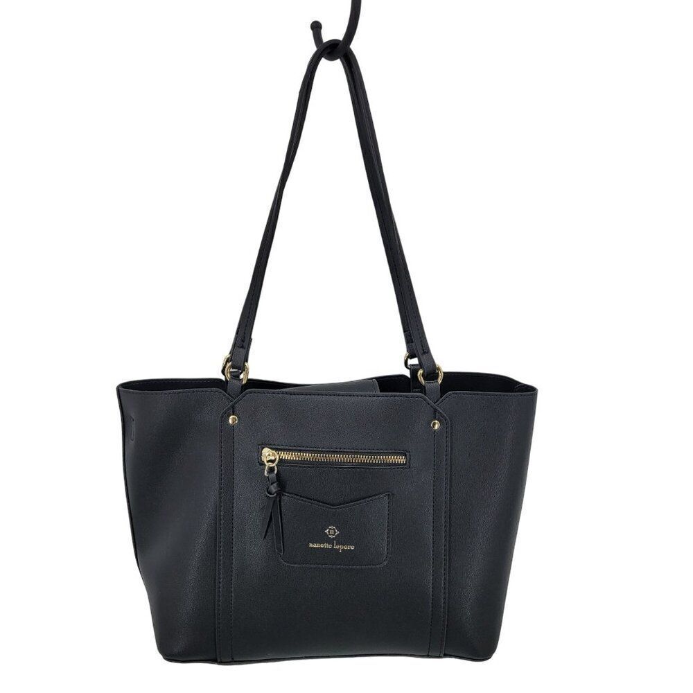 Nanette Lepore Black Vegan Faux Leather Tote Bag Multiple Pockets Shoulder Large